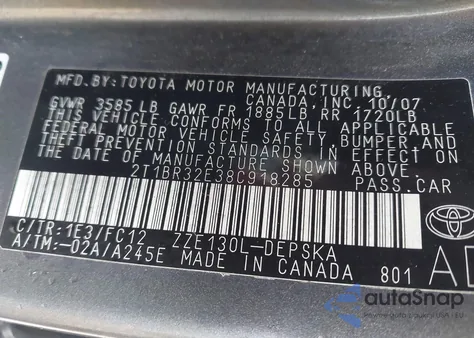 2008 Toyota Corolla S z USA, uszkodzony, nr VIN 2T1BR32E38C918285